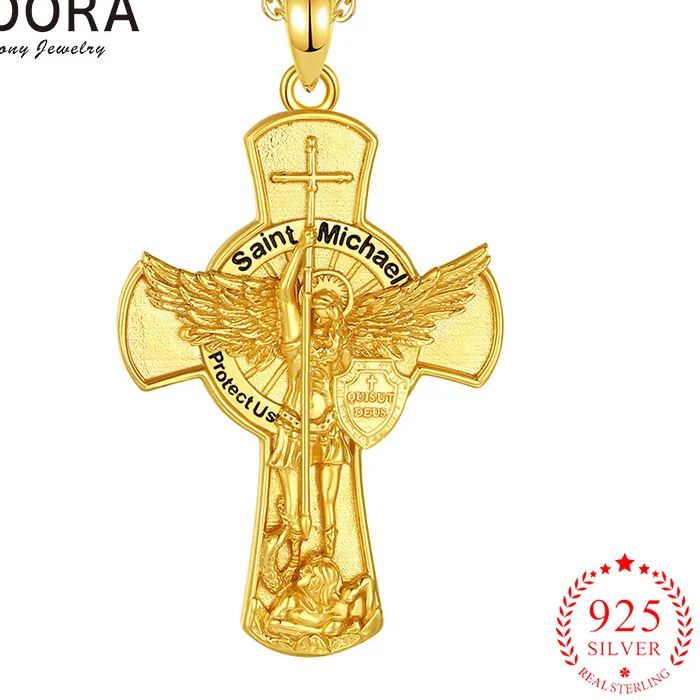 Authentic Eudora St.michael Archangel Necklace 925 Sterling Silver Plated 18K Glod Shield Amulet Cross Pendant Christian Jewelry