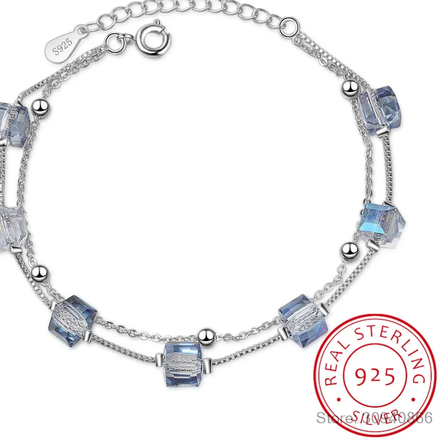 Authentic Square Natural Blue Crystal 925 Sterling Silver Double Layer Cube Bracelet Gemstone Fine Jewelry Pulseiras De Prata