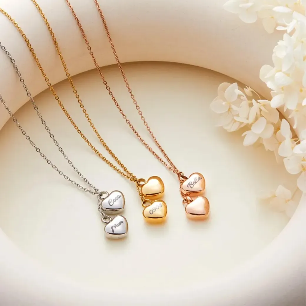 Authentic Personalized Name Double- Heart Urn Necklace For Ashes Cremation Jewelry Memorial For Human&Pet Length 50Cm