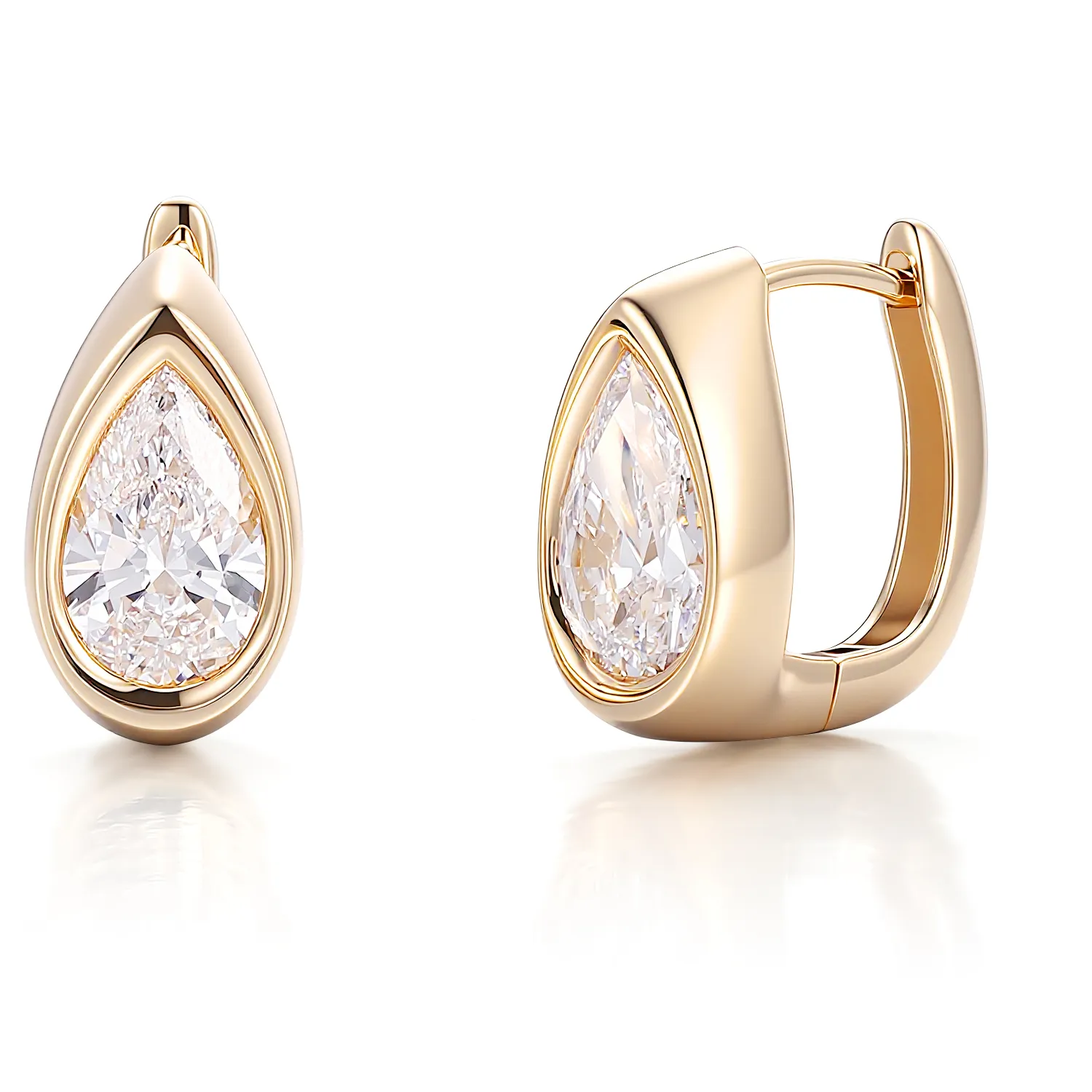Authentic 14K Yellow Gold Pear Shaped Lab- Grown Diamond Huggie Hoop Earrings 2 Ctw Bezel Dainty Anniversary Jewelry