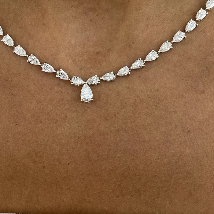 Authentic 1Ct Ef Vs Pear Cut Igi Certified & 13.8 Ctw Side Stones Lab Grown Diamond Tennis Necklace 14K 10K Gold Diamonds Necklace