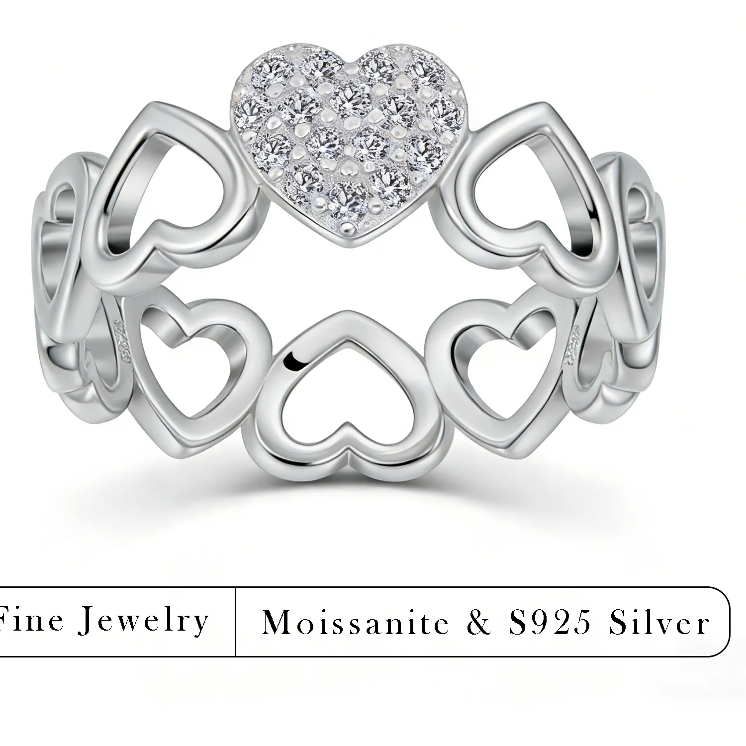 Authentic 0.12 Ctw S925 Silver Interlocking Heart Band Ring With Pavé Full Moissanite Accent Fine Jewelry Romantic For Her Daily