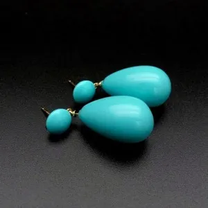 Authentic Turquoise Color Sea shell Pearl Long Drop Stud Earrings Gold Plated Jewelry