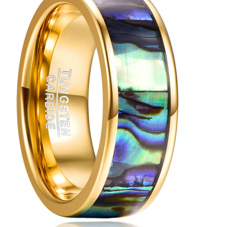 Authentic 8mm Abalone Shell Women Mens Ring Tungsten Wedding Band Gold Plated Comfort Fit