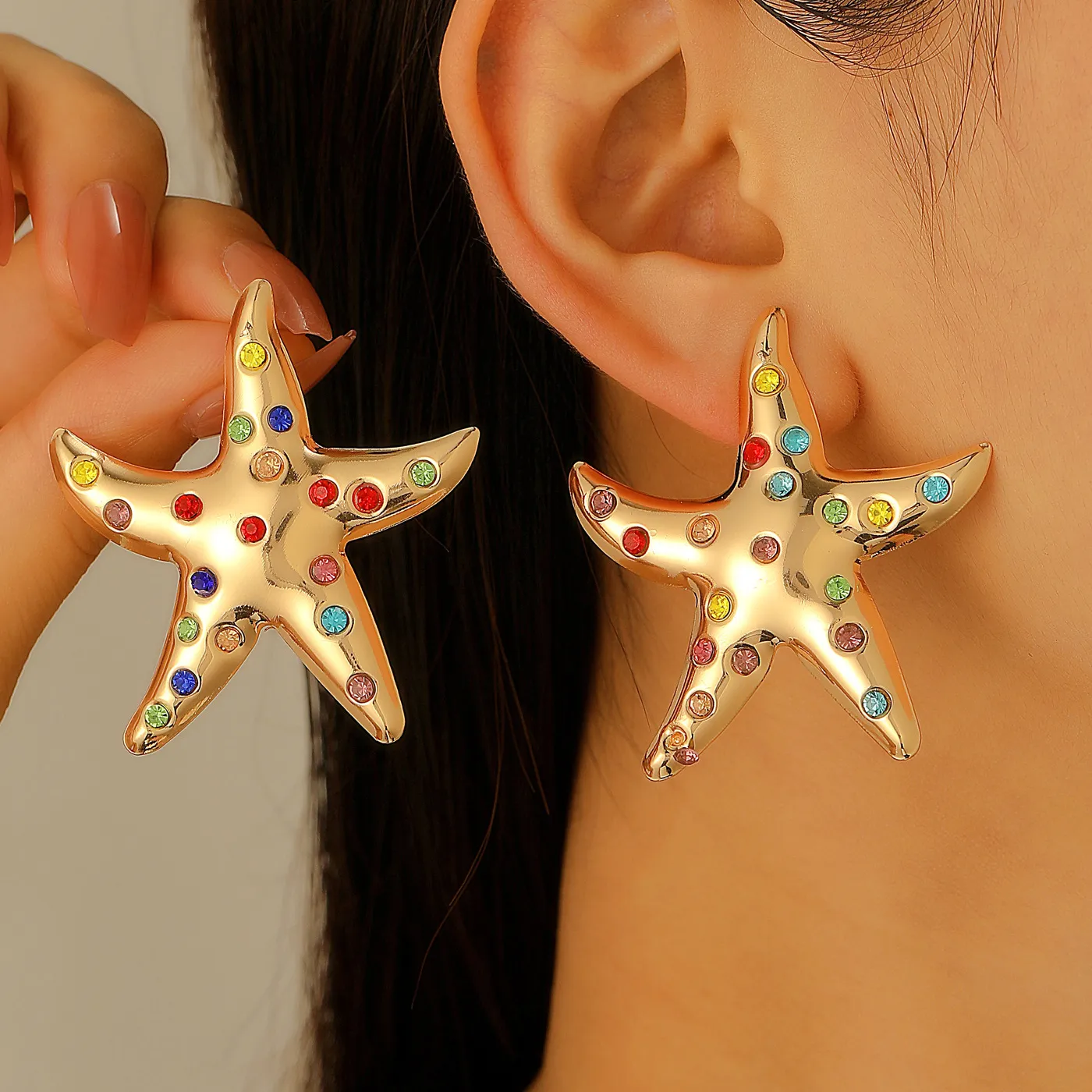 Authentic Lats Simulated Starfish Stud Earrings Exquisite Colored Rhinestones Summer Beach Daily Jewelry