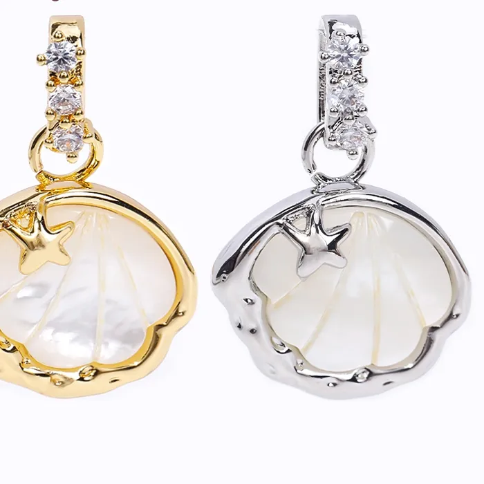 Authentic Fashion 18K Gold Plated Inlay Zircon Shell With Star Pendants For Necklace Making,Natural Shell Charms DIY Handmade Jewelry