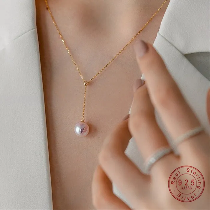 Authentic 925 Sterling Silver Plated 18K Gold Shell Pearl Pendant Y-shaped Adjustable Necklace for Women Temperament Party Wedding Jewelry