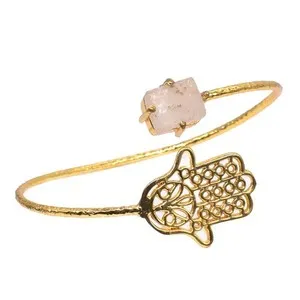 Authentic Hamsa Gold Plated Bangle Rose Quartz Rough Adjustable Bangle Jewelry Gift r409