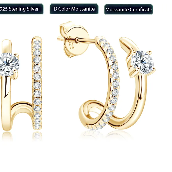 Authentic Anziw 4Mm Moissanite Piercing Stud Ear Cuffs 925 Sterling Silver Double Side Hoop Earrings Illusion Jewelry