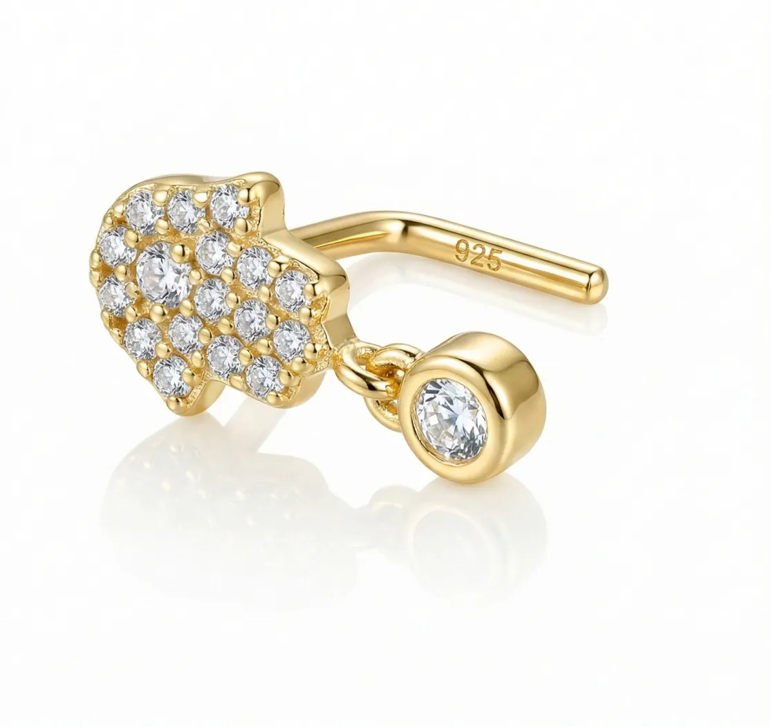 Authentic 925 Sterling Silver Hamsa Hand L-Shape Nose Pin w/ CZ–14K Gold Plated/Silver