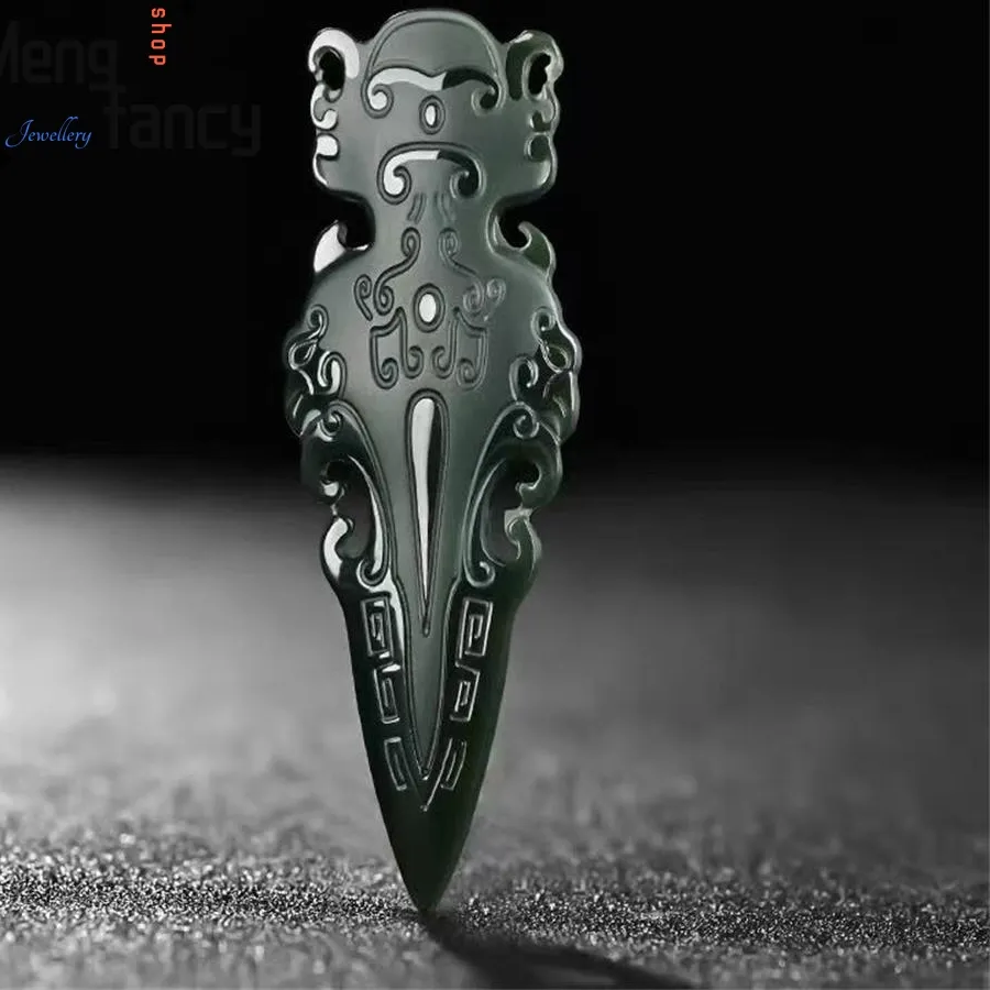 Authentic Premium Handmade Double- Sided Engraved Natural Dark Green Hetian Jade Vajra Pestle Pendant Auspicious Lock Design Jewelry