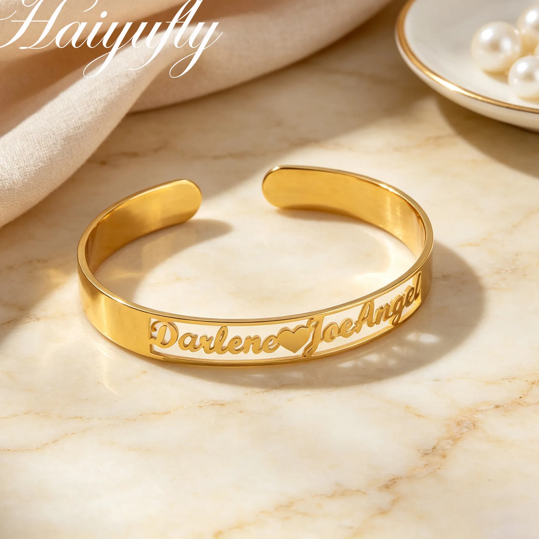 Authentic Haiyufly Custom Name Hollow Bangle Personalized 10Mm Wide Cuff Bracelet Jewelry Birthday