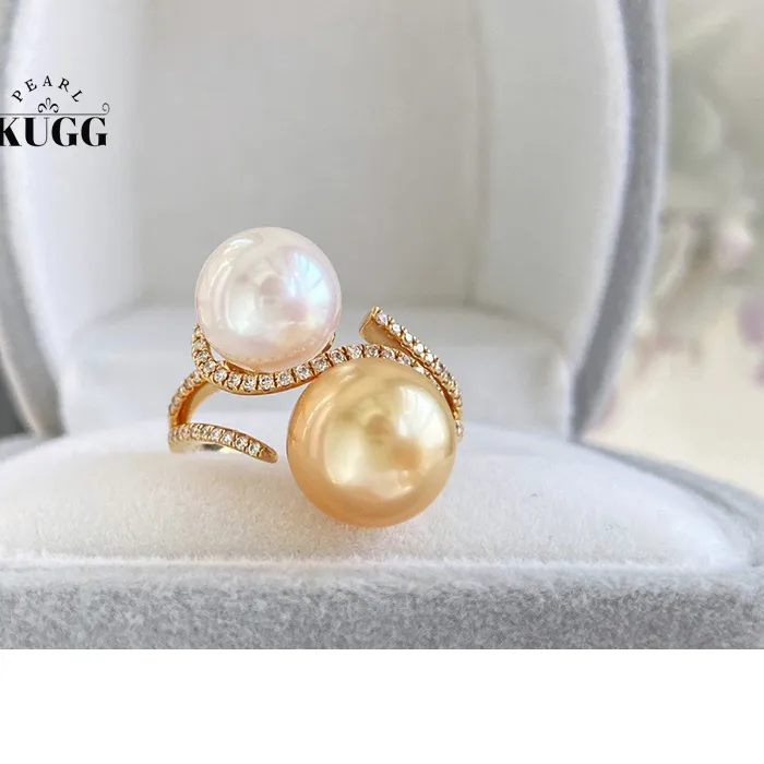 Authentic Kugg Pearl 18K Yellow Gold Ring Elegant Style 9- 11Mm Natural Akoya Pearl&South Sea Gold Pearl Ring Fine Jewelry