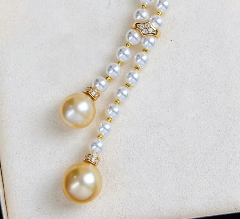 Authentic 65Cm Natural Pearl Necklace, Paired With Aaaa4- 5Mm White Pearls And 10- 11Mm South Sea Gold Pearls Necklace