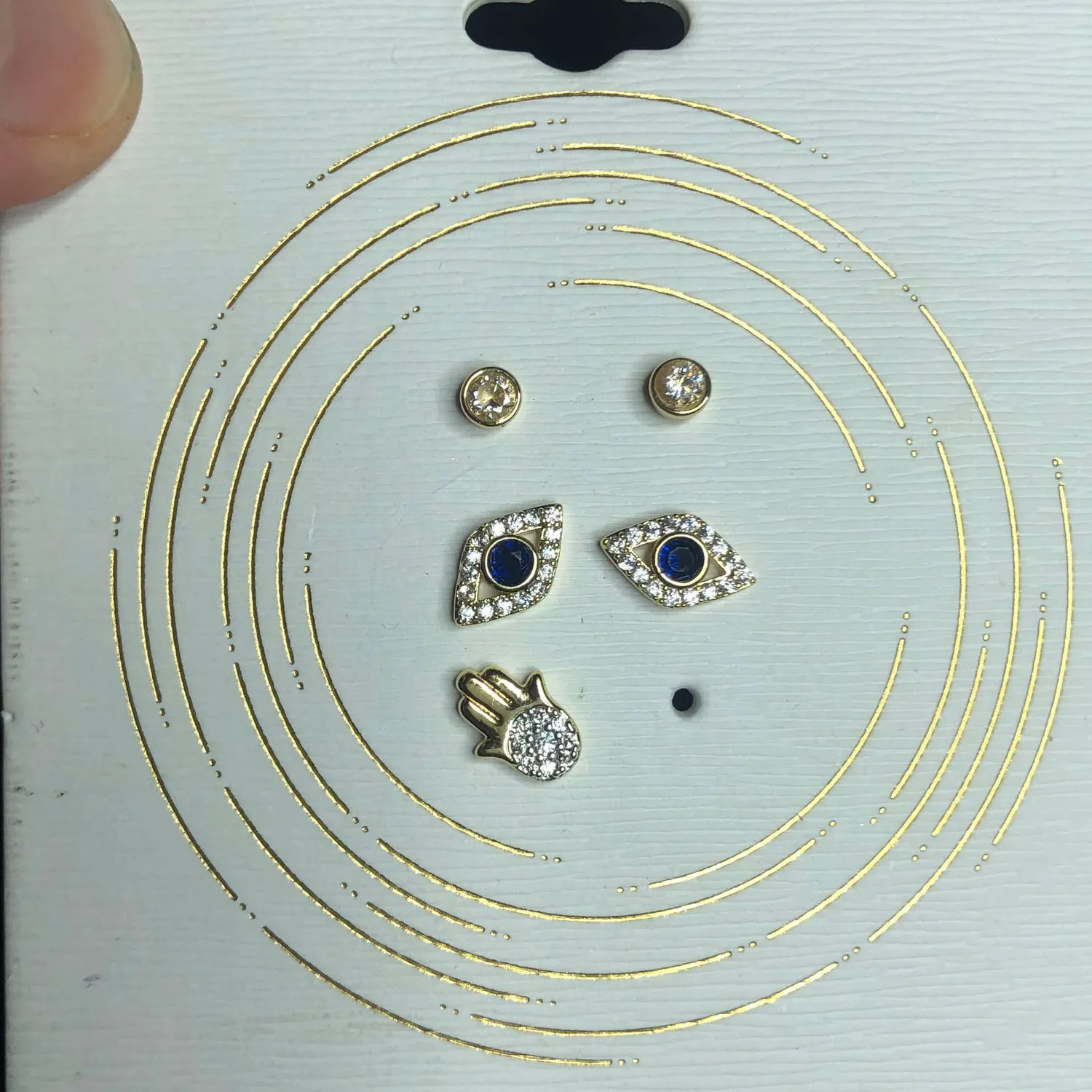 Authentic 4095 Unwritten 14K gold plated earrings CZ studs evil eye Hamsa (missing one)