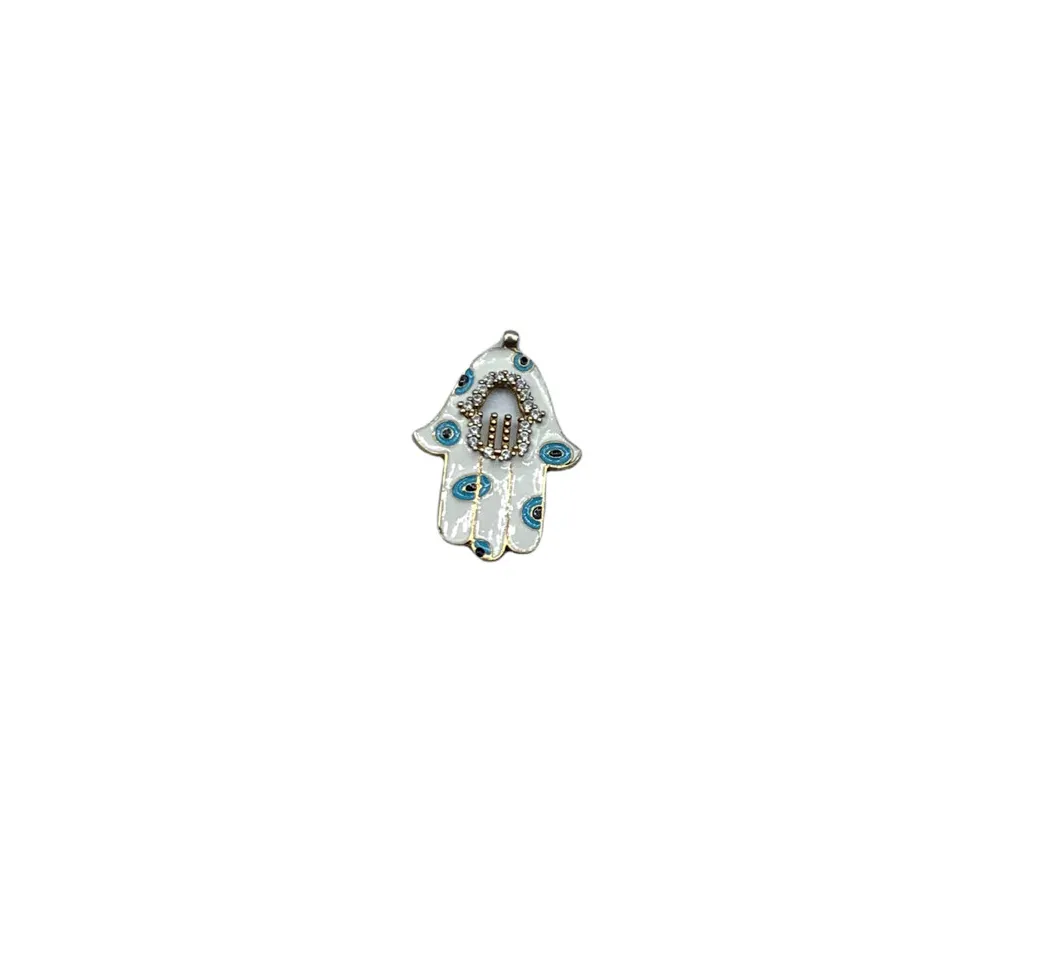 Authentic White Enamel Hamsa Pendant With CZ Gold Plated Sterling Silver