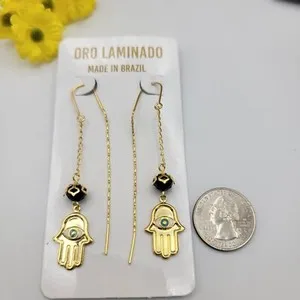 Authentic Radiant Gazes of Protection: The Hamsa Hand & Evil Eye Oro Laminado Thread Earrings
