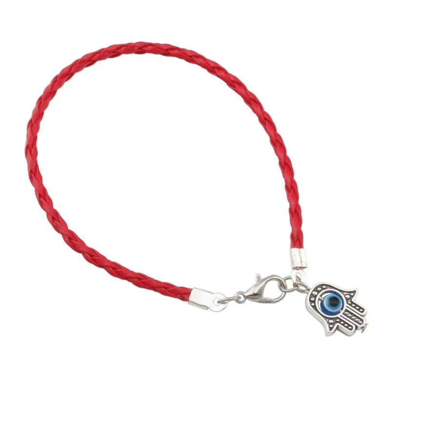 Authentic 100Pcs Red Leatheroid Braided String Kabbalah Hamsa Hand Charms Bracelets A01125