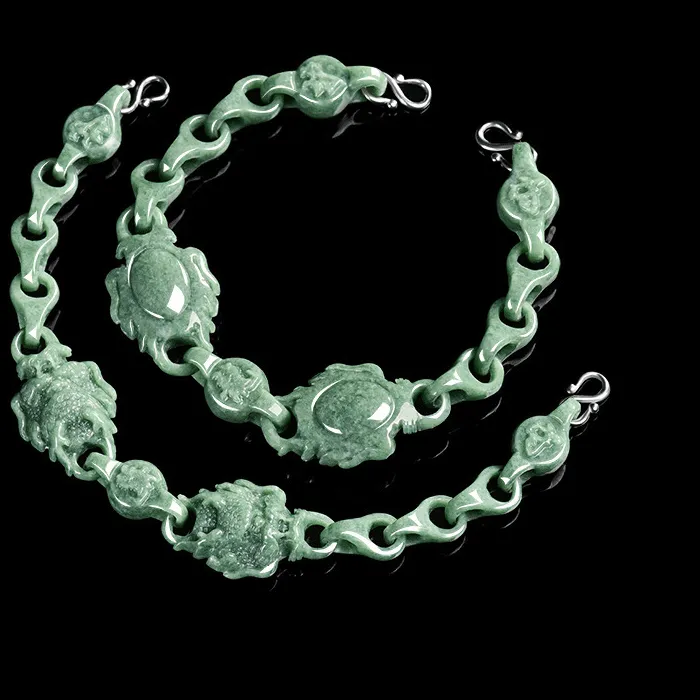Authentic Natural A- Grade Jadeite With A Light Green Color Domineering Double Dragon Each Link Is Interlinked Bracelet High- Grade Jewelry
