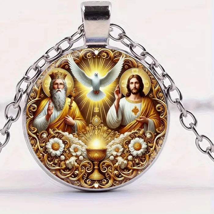 Authentic Round Holy Trinity Pendant Necklace Father Son Holy Spirit Glass Dome Necklaces Christian Faith Jewelry