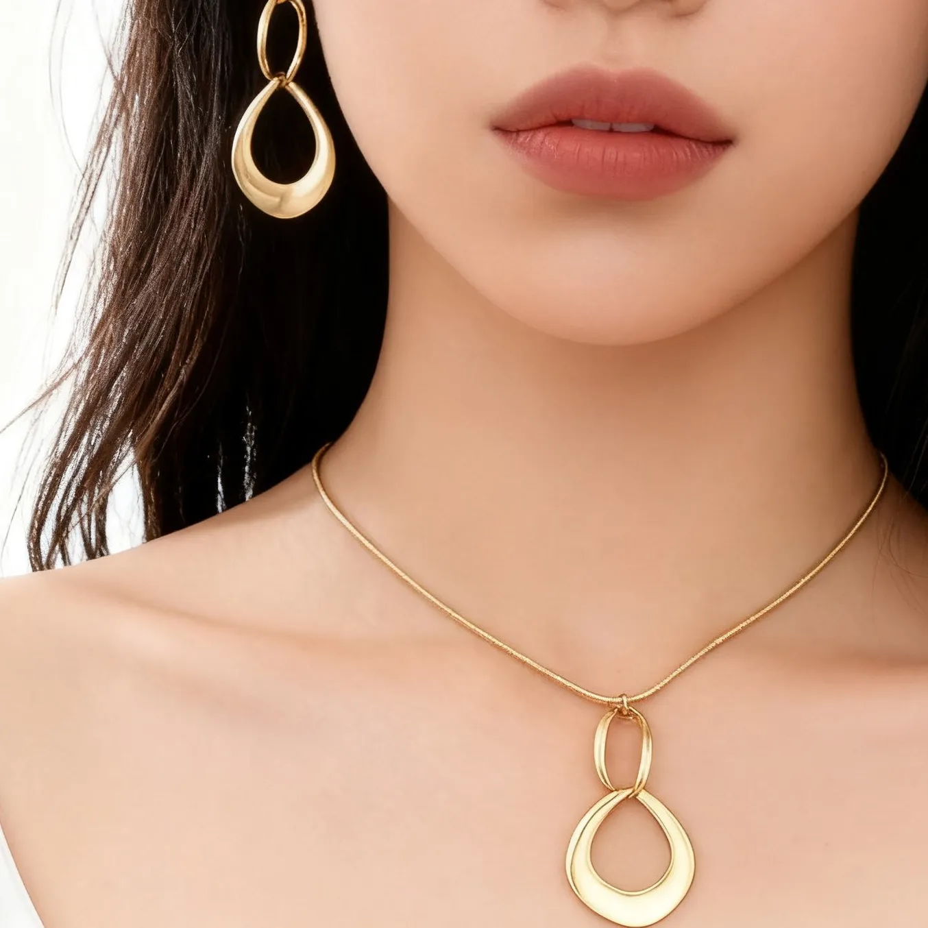 Authentic Irregular Hollow Geometric Jewelry Triple Interlink Teardrop Pendant Necklace Dangle Earrings Minimalist European American