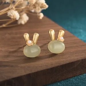 Authentic Chinese Women Court Style Design Gold Plated Cute Rabbit Pearl Earrings