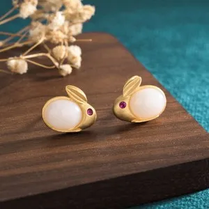 Authentic Celestial Jade Rabbit Earrings – Gold‑Plated 925 Silver Whisper of Fertility