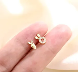 Authentic Bunny Rabbit & Carrot 14k Gold Plated Pave Cubic Zirconia Mismatch Stud Earrings