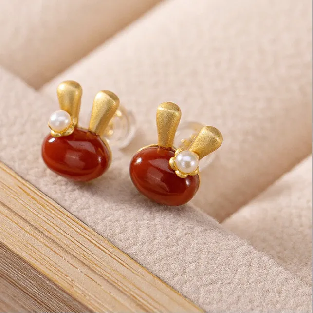 Authentic Celestial Lunar Hare: Sacred Red Agate & Gilded Amulet Earrings