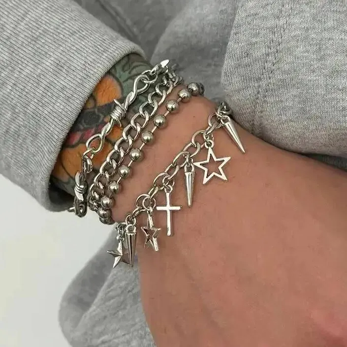 Authentic Multi Layer Stackable Cuban Chain Bracelet Hip Hop Pentagram Jesus Cross Rivet Pendant Bracelet Punk Jewelry