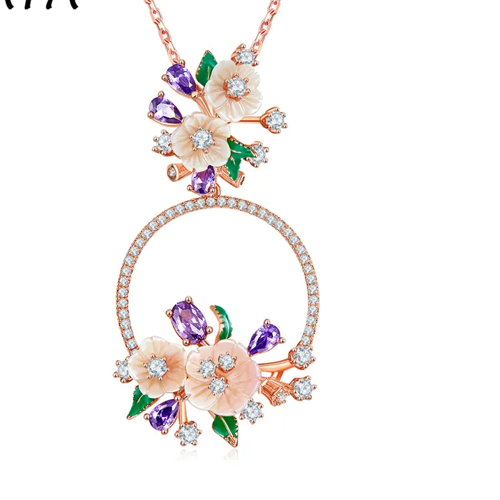 Authentic Laya 925 Sterling Silver Natural Shell Flower Green Leaf Enamel Zircon Necklace Jewelry
