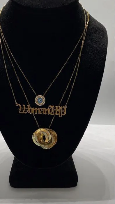 Authentic Sterling Silver 925 Gold Plated Necklace Lot 3 Evil Eye WomanUp Rings 14.4g