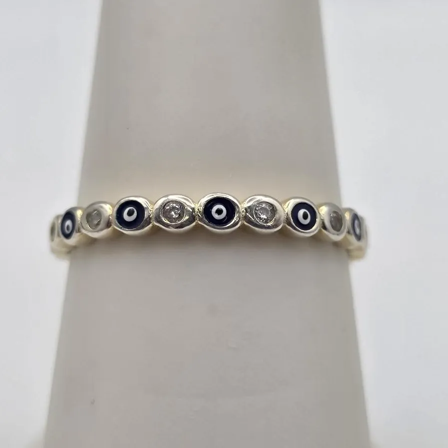 Authentic 925 Sterling Silver Vermeil Gold Plated Evil Eye Eternity Stacking Ring Band sz8