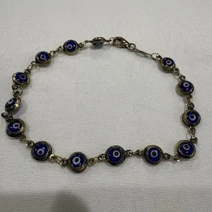 Authentic 925 Sterling Silver Evil Eye Bracelet Blue Glass Gold Plated Link 7.5”