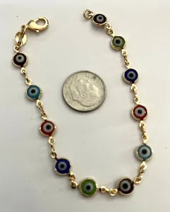 Authentic Vintage GHR Gold Plated Evil Eye Multi-color Bezeled Glass Tennis Bracelet Mint
