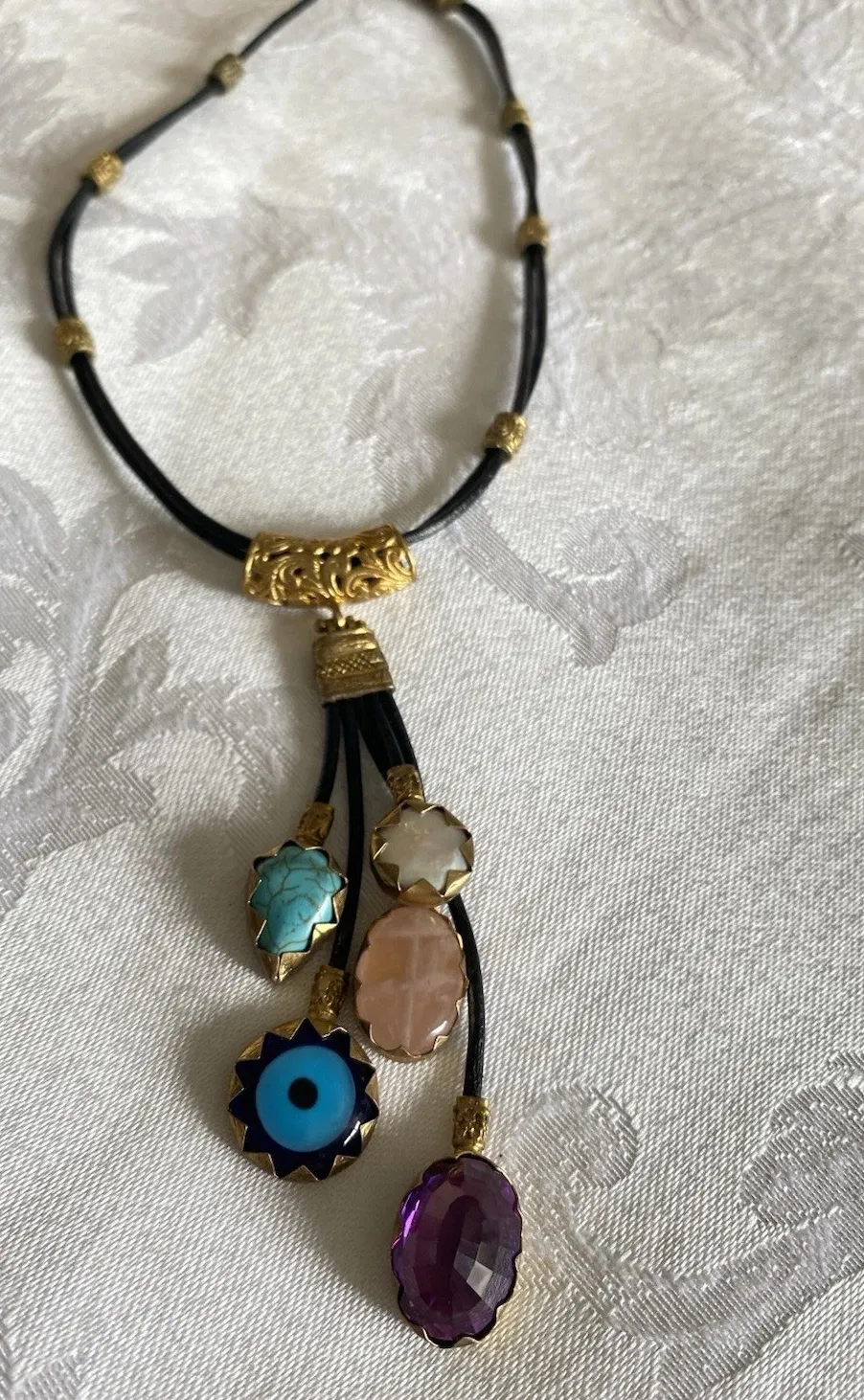 Authentic Vtg Sterling Gold Plated Multi  Gemstones Evil Eye Leather Necklace