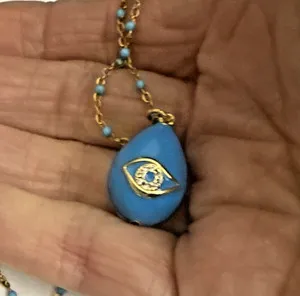 Authentic 18kt Gold Plated Blue Enameld Egg Shaped Evil Eye Pendent Necklace