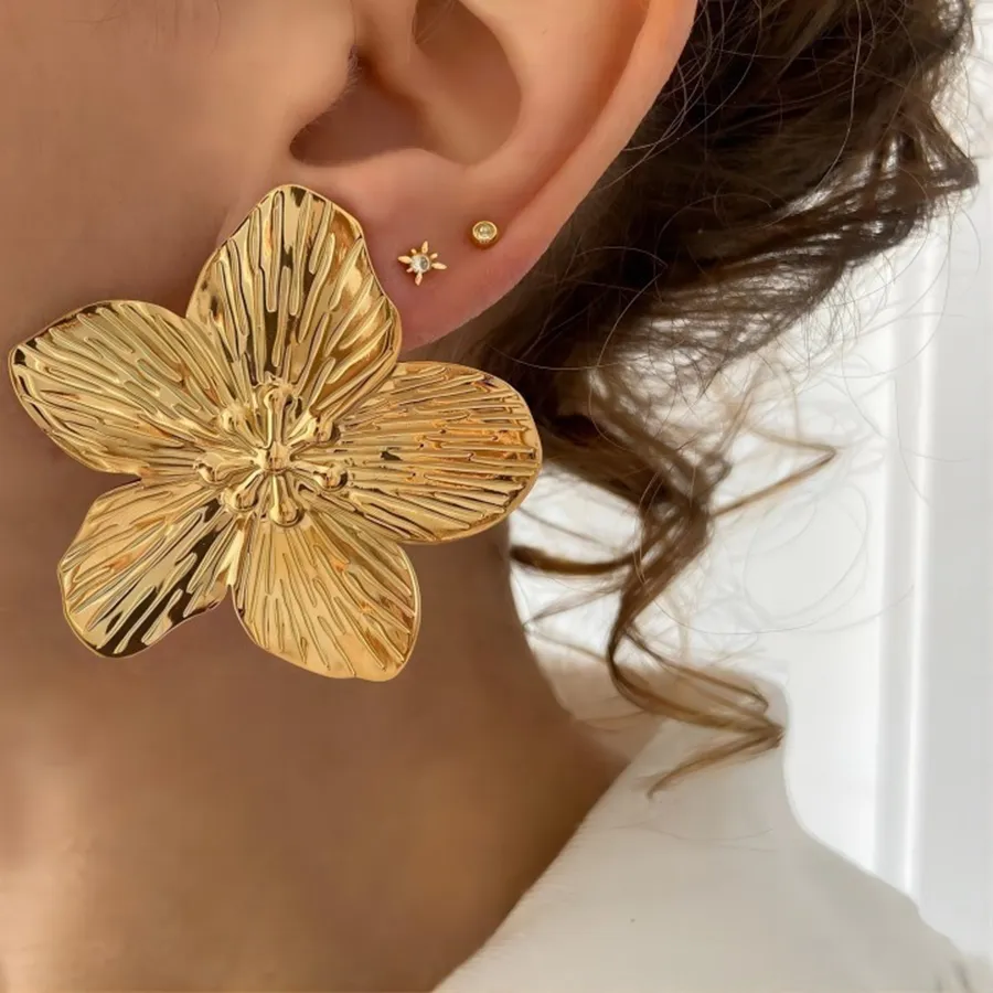 Authentic 18K Gold Plated Oversized Flower Stud Earrings Hammered Boho Piercing Jewelry For