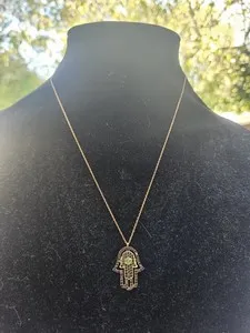 Authentic Hamsa Evil Eye Necklace 925 Silver Gold Plated Black & one Green Stone (#15)