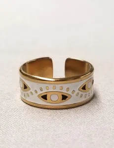 Authentic Luntaciani 18K Gold Plated White Lozzi Evil Eye Adjustable Ring sz 7.5