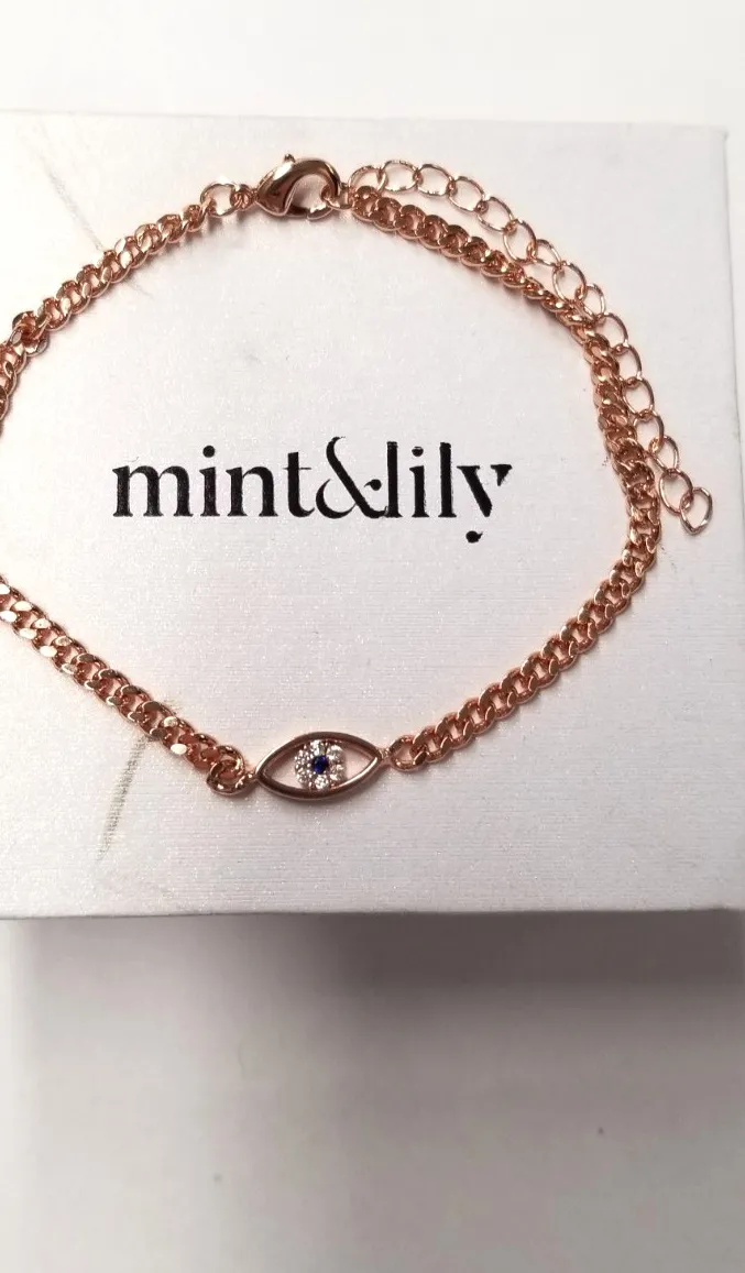 Authentic Mint & Lily Dainty Cuban Link Chain Evil Eye Bracelet 18k Rose Gold Plated 7"+2"