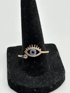 Authentic Rose Gold Plated Evil Eye Blue & White Colorless Rhinestone Ring Size 9.5