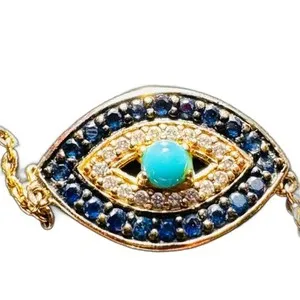 Authentic Evil Eye Link Pendant Blue & Clear Rhinestones over Gold Plated Necklace 16-19"