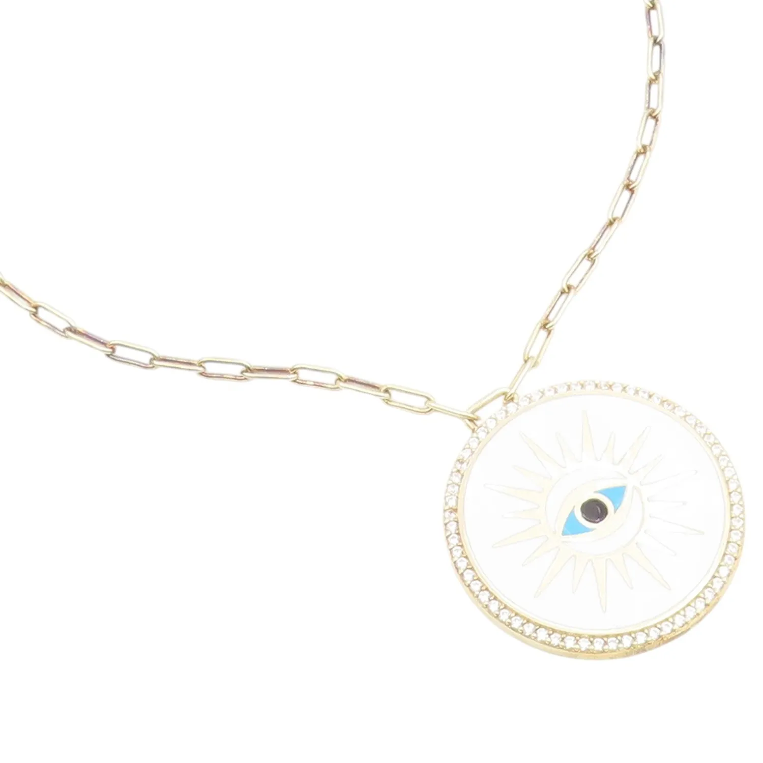 Authentic 925 Sterling Silver Vintage Necklace Gold Plated CZ Enamel Evil Eye Medal NE4929