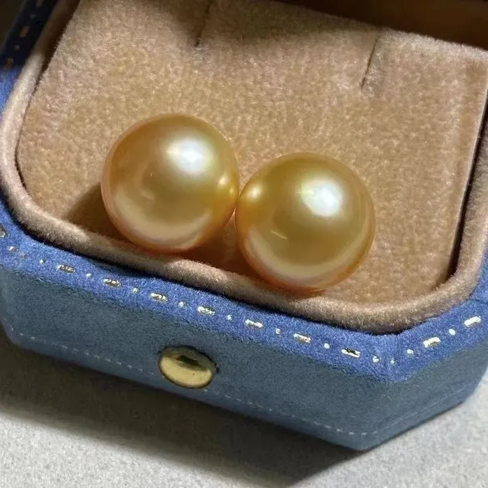 Authentic Pair Of Huge Natural 13- 14Mm Genuine Golden Round Luster Sea Loose Pearl Making Earring Rings Jewelry
