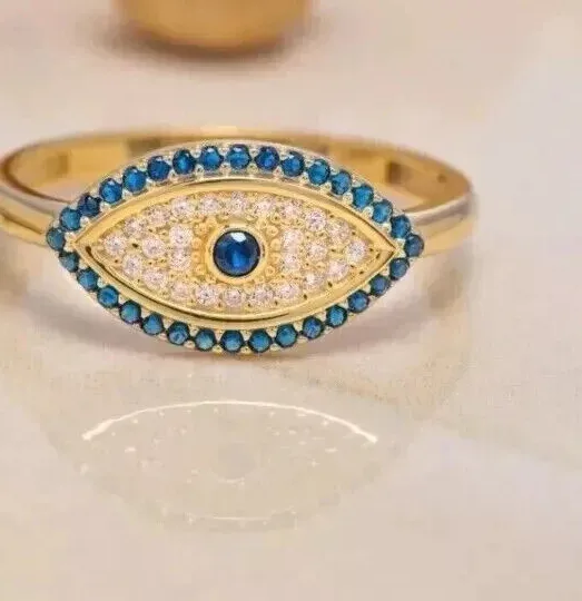 Authentic Eternal Guardian: 2-Carat Moissanite Evil Eye Ring in Sunlit Gold