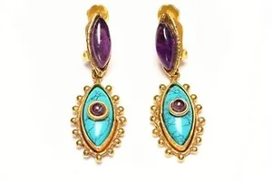 Authentic Sylvia Toledano Paris Evil Eye Gold Plated Turquoise Amethist Drop Earrings