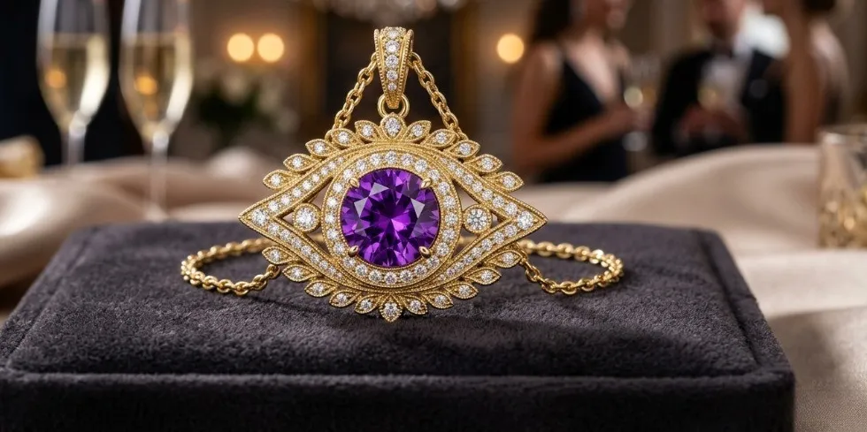 Authentic Radiant Amethyst Gaze 14K Gold Plated Evil Eye Sanctuary Necklace