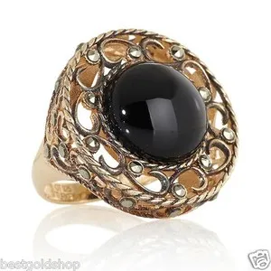 Authentic Onyx & Marcasite Swirl Ring 14K Gold- Plated Silver Talisman, Size 7