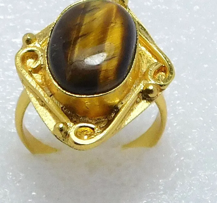 Authentic Tiger's Eye Rings Size-5.75 Gold Plated Handmade Natural Gemstone Rings Jewelry